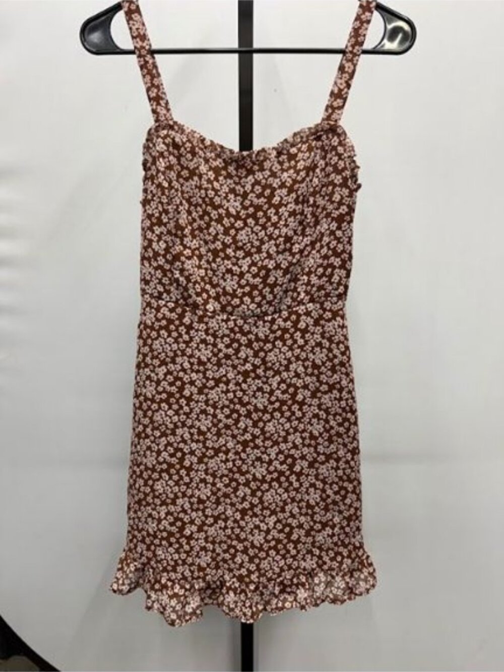 Lush Brown Floral Print Mini Dress with Ruffle Hem